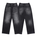 Retro dark grey washed straight leg denim jeans with metallic square rivet detailing - S / Bottoms / Black and Gray
