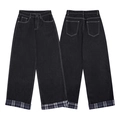 Dunkelgraue Weite Jeans mit hoher Taille, weißen Kontrastnähten und karierten Aufschlägen - S / Tiefschwarz