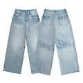 Jean en denim bleu clair à jambe large avec moustaches vintage et taille haute - S / Bleu clair