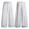 Pantalones gris claro de talle alto y pierna ancha en tejido texturizado con botón ámbar - XS / Gris claro