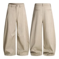 Front and back view of light khaki vertical striped wide-leg trousers in relaxed fit - XS / Khaki