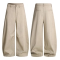 Front and back view of light beige vertical striped wide-leg pants in Old Money style - XS / Khaki