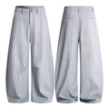 Front and back view of men's grey vertical striped wide-leg pants with soft drape - XS / Light Gray