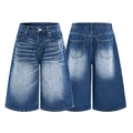 Pantalones cortos vaqueros azul oscuro de pierna ancha con lavado de bigotes vintage - S / Azul