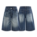 Pantalones cortos vaqueros azul oscuro con bigotes hechos a mano y corte ancho en línea A - S / Azul Vintage