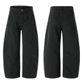 Retro high street black curved leg baggy pants with detailed 3D stitching and cocoon fit - S / Army Green