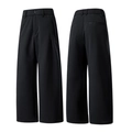 Men's textured black straight-leg trousers in a high-waist loose fit, front and back view - S / Black