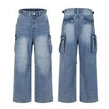 Vintage washed blue cargo jeans with multi-pocket design and wide leg streetwear fit - S / Vintage Blue