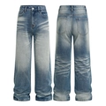 Retro wash indigo loose wide-leg jeans with whiskered fade details and front back view - S / Blue