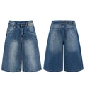Pantaloncini larghi in denim blu lavato con tasche posteriori ricamate e dettagli in vita - S / Blu Vintage