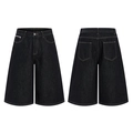 Mens dark grey cleanfit loose denim shorts with retro wash and contrast stitching - S / Deep Black