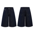 Men's dark blue wide-leg denim shorts in cleanfit style with contrast stitching - S / Original Blue