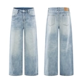 Retro lichtblauwe gewassen herenjeans met wijde pijpen en whiskers in voor- achterkant - S / Blauw