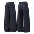 Deep blue wide-leg denim jeans with high waist and white contrast stitching detail - S / Original Indigo Blue