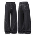 High-waist wide-leg denim jeans in deep black with contrast white stitching details - S / Original Black