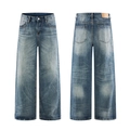 Vaqueros de denim azul holgados retro con lavado vintage y parche de cuero en la cintura - S / Azul