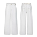 Weiße Wide-Leg-Jeans mit gelben Kontrastnähten und hoch tailliertem, geradem Schnitt - S / Cremeweiß