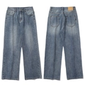 Vaqueros anchos para hombre en azul lavado con acabado vintage y parche de cuero en cintura - S / Azul