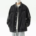 Mens loose black washed denim jacket with silver buttons and flap pockets in casual style - M / Black