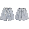 Pantaloncini in denim lavaggio azzurro con coulisse elastica in vita vista fronte retro - S / Blu