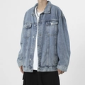 Retro light blue denim jacket with vintage wash and loose fit for casual couple wear - M / Light Blue