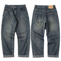 Dunkelblaue Vintage-Jeans mit weitem Bein, gewaschener Textur und Leder-Markenpatch - EU 38 / Vintage-Blau