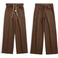Pantaloni sportivi retrò marrone scuro a gamba larga con strisce e coulisse in vita - M / caffè