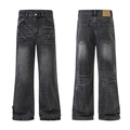 Vintage donkergrijze jeans met wijde pijpen, gewassen bliksempatroon en leren patch - 3XL / Zwart