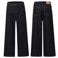 Dunkelblaue High-Waist-Jeans mit weitem Bein und klassischem Lederpatch hinten - S / Tiefschwarz