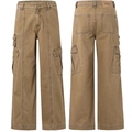 Front and back view of brown multi-pocket cargo pants with wide-leg straight fit - S / Brown