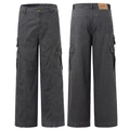 Front and back view of charcoal grey multi-pocket wide-leg cargo jeans with leather tag - S / Dark Gray