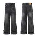 Dunkelgraue Wide-Leg-Jeans mit Vintage-Waschung, Blitz-Muster und Lederpatch auf der Rückseite - S / Schwarz