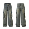 Retro washed multi-pocket cargo jeans in yellow-blue tint with a wide-leg straight fit - S / Vintage Blue