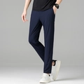 Men's navy blue ice silk slim fit trousers with straight cut and elastic business style - Navy Pants / 28