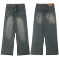 Vintage wassing blauwe denim jeans met retro vervaging en distressed cat whiskering details - S / Vintage Blauw