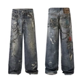Baggy-Jeans in Distressed-Blaugrau mit digitalem Blumen- und Ketten-Aufdruck - S / Blau