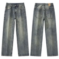 Vaqueros de hombre en denim azul grisáceo lavado con pernera ancha, vista frontal y trasera - 3XL / Azul Vintage