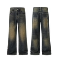 Retro-Wide-Leg-Jeans in Indigoblau mit Vintage-Gelbwaschung und hohem Taillenschnitt - S / Rosterde Blau