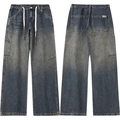 Vintage wash loose denim cargo pants with adjustable drawstring waist and multi-pockets - S / Blue