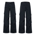 Men's wide-leg black cargo denim jeans with unique side pleats and multi-pocket design - S / Bottoms / Black and Gray