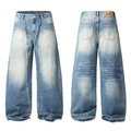 Vintage-gewaschene blaue Wide-Leg-Jeans mit Distressed-Finish und Leder-Backpatch - XS / Eisblau