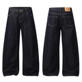 Vorder- und Rückansicht der dunkelblauen Wide-Leg-Jeans mit gelben Kontrastnähten - XS / Denim Blau