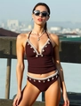 Deep brown tankini bikini set with white lace trim and starfish shell charms - S / Reddish Brown