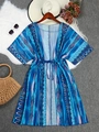 Blaue Strandtunika mit geometrischem Print und Bindedetail aus leichtem Netzgewebe - XL / Blau Geometrisch