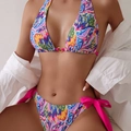 Bikini due pezzi con stampa paisley, top a fascia con anello d'oro e laccetti - S / Motivo Floreale