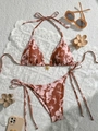 Two-piece hibiscus print bikini set with halter top and side-tie bottoms for beach vacation - S / Caramel Print