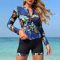 Ensemble de maillot de surf à manches longues avec imprimé tropical et short noir - S / Haut Et Bas / Noir Avec Imprimé Bleu