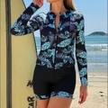Dames surf-zwempak set met lange mouwen, tropische bladprint en ritssluiting - S / Bedrukking