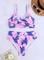Rosa Bikini-Set mit Tropenblatt-Print, hoher Taille und Twist-Detail am Oberteil - S / Rosa Lila Tropischer Druck