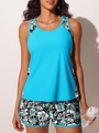 Detail view of the black and white floral pattern and teal blue trim on the sports swimsuit - S / Lake Blue